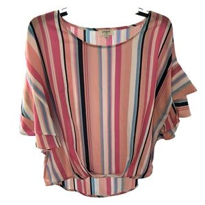 Umgee Pink and Blue Ruffled high-low Blouse 23.5 L 24